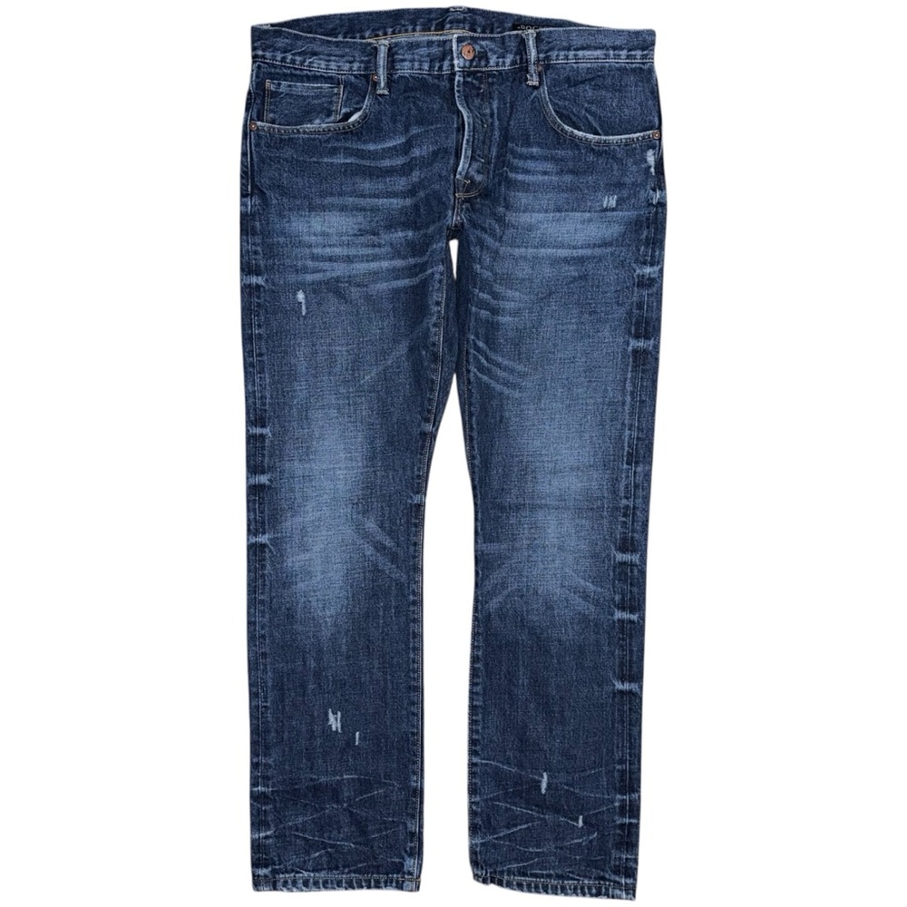 Y2K Rockstar Straight Leg Jeans 38 x 32 Dark Wash Distressed Button Fly Grunge